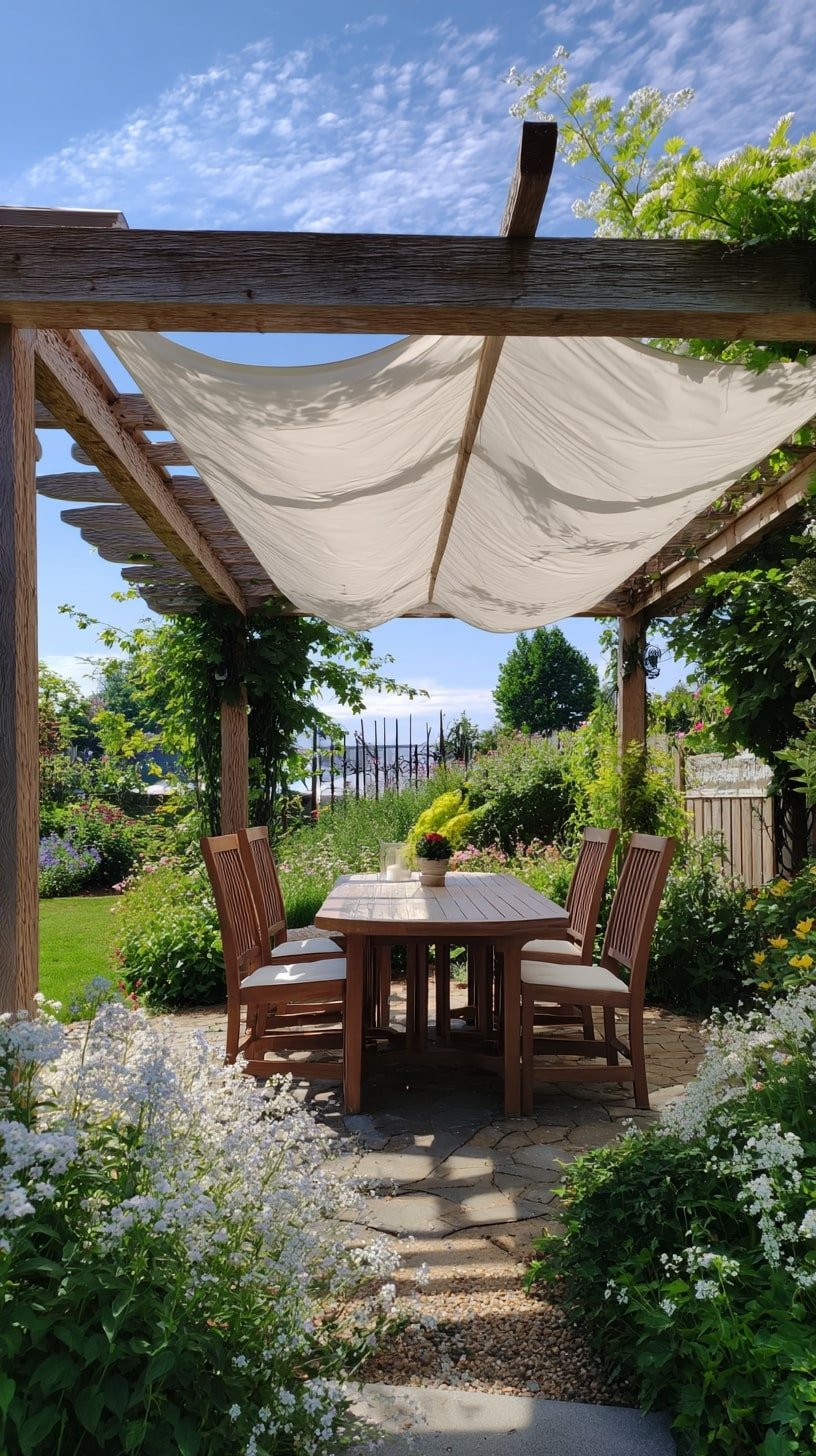 5.Suspend a Canvas Drop Cloth Over a Pergola for Soft Shade and Breeze