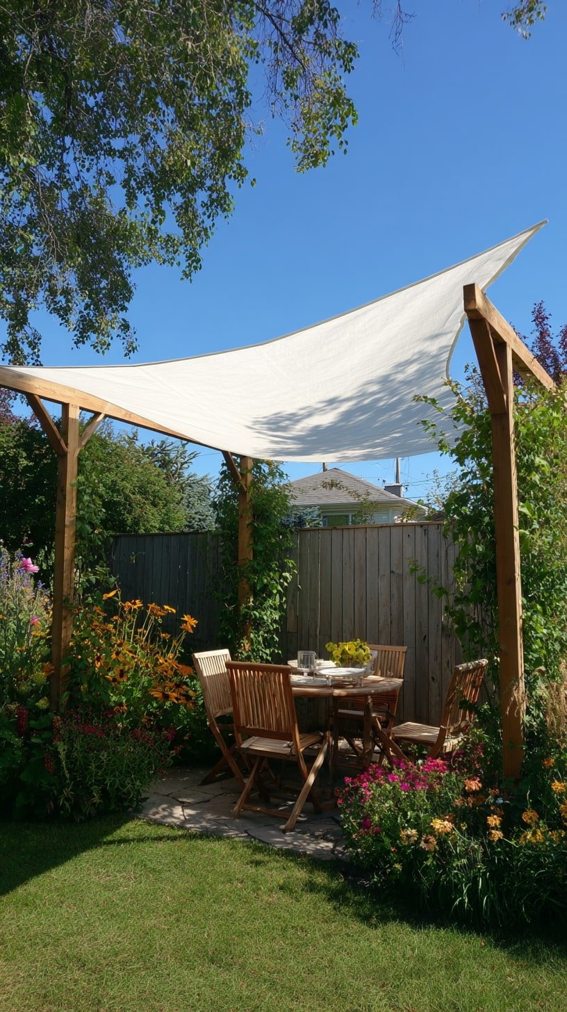 6.Anchor a Tensioned Shade Sail to Posts for Instant Garden Cover