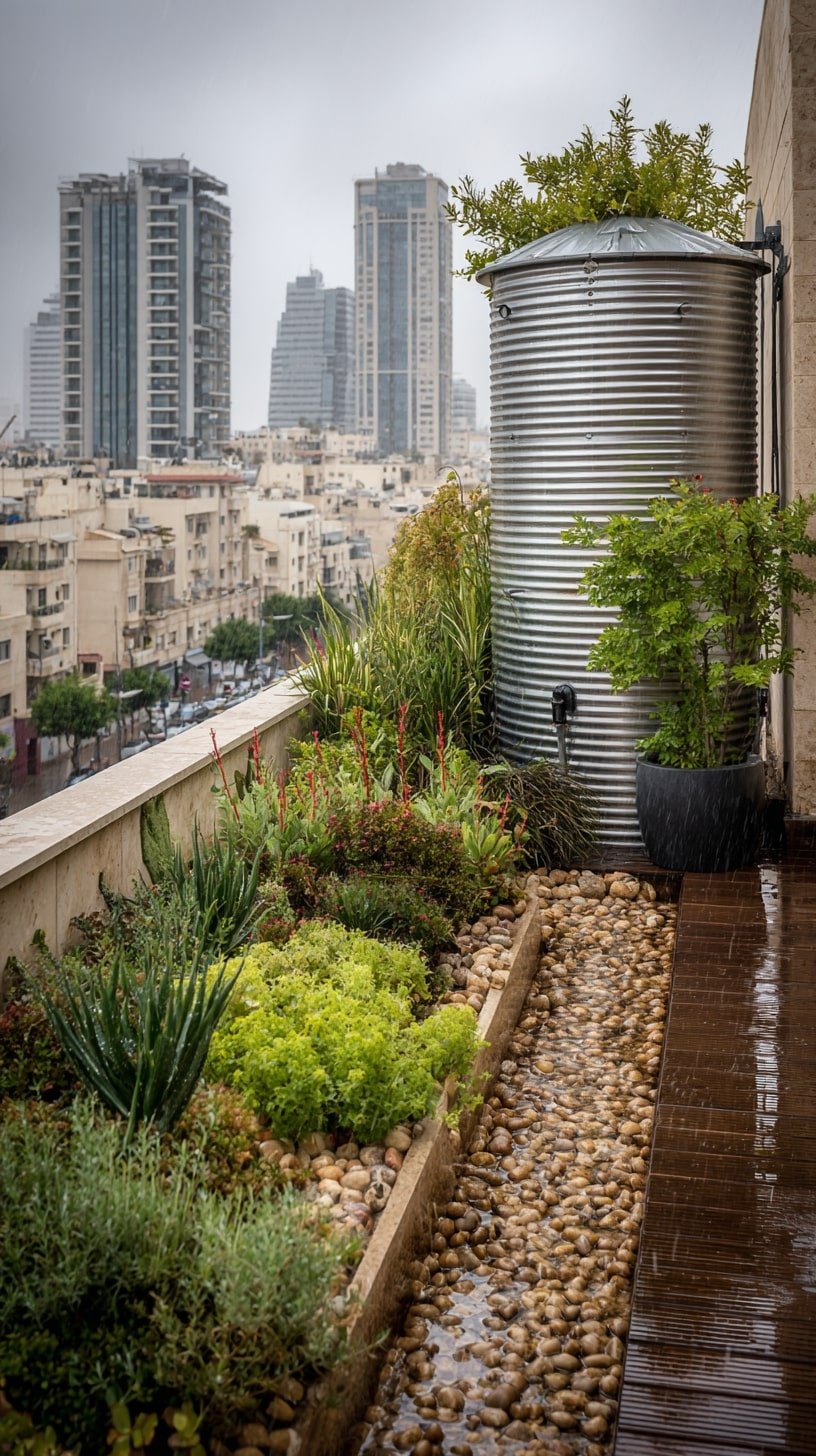 Channel Overflow with a Pebble Trough Beside a Rooftop Tank